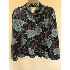 Vintage 90s Coldwater‎ Creek Jacket Womens Small Teal Floral Glitter Made In USA
